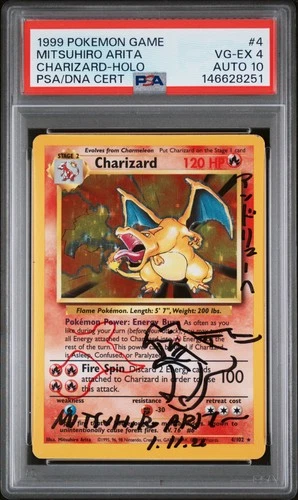 1999 POKEMON BASE SET UNLIMITED ARITA SIGNED #4 CHARIZARD-HOLO PSA 4 DNA AUTO 10