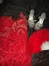 RED CUSTOM MADE PROM DRESS: LONG, SPARKLY, CORSET, S/M & COMES WITH ACCESSORIES