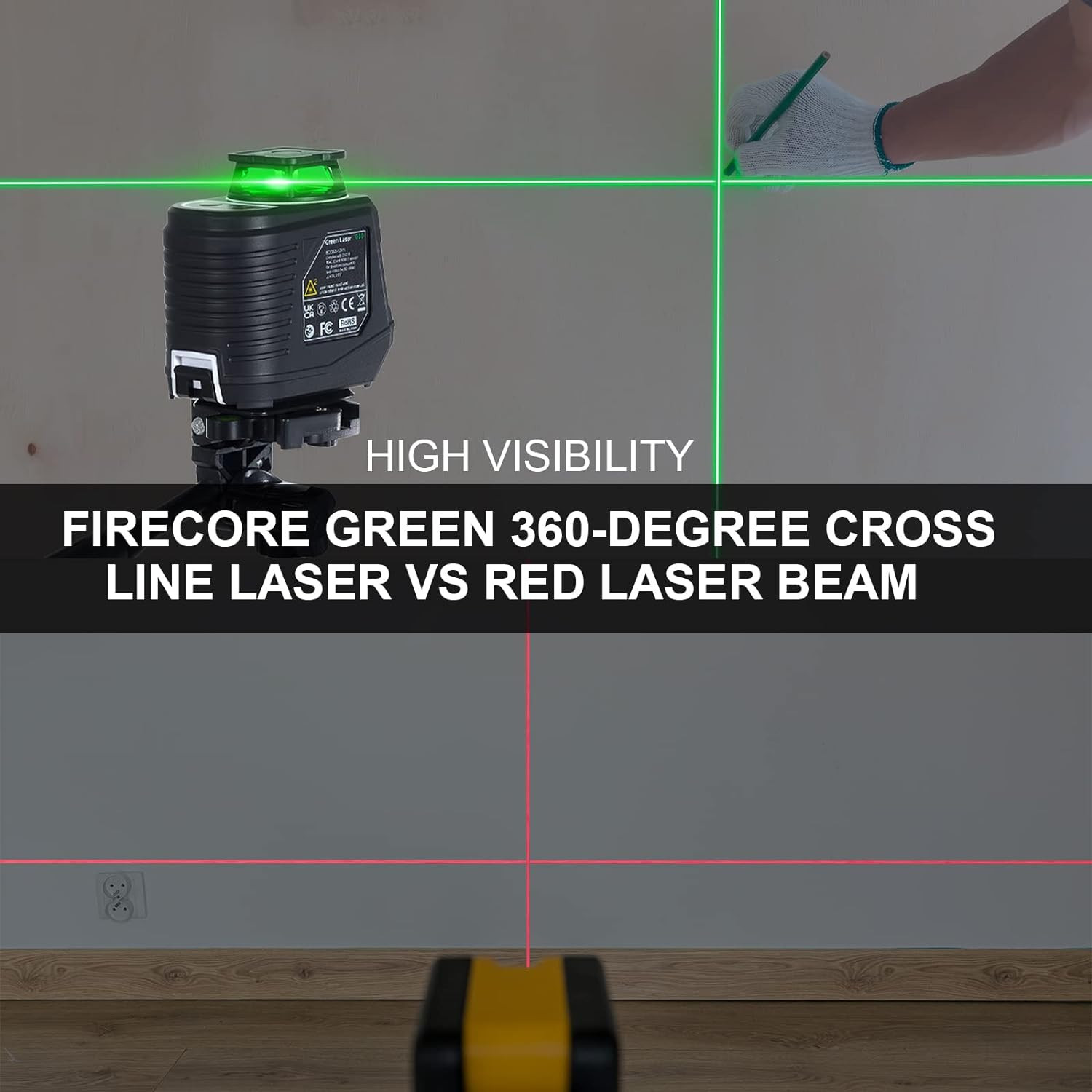 Laser Level 360 Self Leveling, 82 Ft Green 360° Cross Line Laser, 3 Brightness A