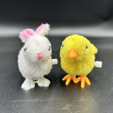 Vintage Easter Wind Up Toys Bunny  Chick Flocked Plastic Working Pair