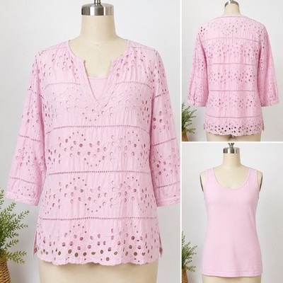 Chicos Pink Eyelet Blouse and Tank Set 2 Piece Orchid Cotton Size 1 M 8 10