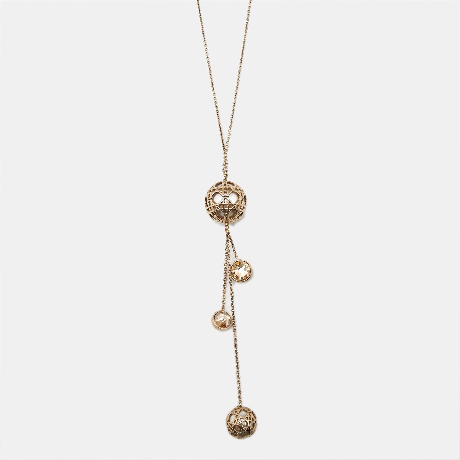 Dior Cannage Gold Tone Long Necklace with Faux Pearls and Crystals