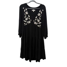 Cupio Womens Black Floral Embroidered Tiered Long Sleeve Mini Dress Large