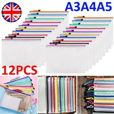 FINE-TOPGOODS 12PCS A3/A4/A5 Plastic Wallet Zip Lock Bags File Document Pocket Paper Storage