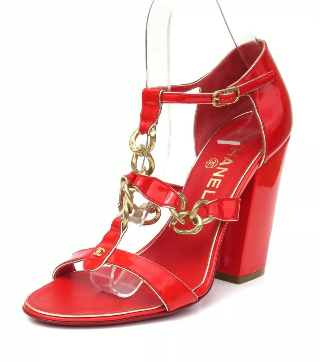 CHANEL 08P Red Patent Leather Gold Tone Chain Block Heel Sandals Pumps 38.5  EC