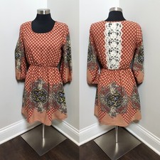 Women's Pink Owl Burnt Orange Cottage Core Peasant Dress Size Small Boho Chic