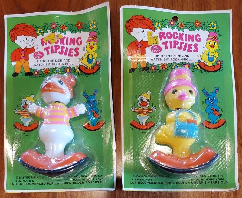 PAIR OF VINTAGE 1970s? "ROCKING TIPSIES" TOYS, EASTER UNLIMITED, NEW IN PACKAGE!