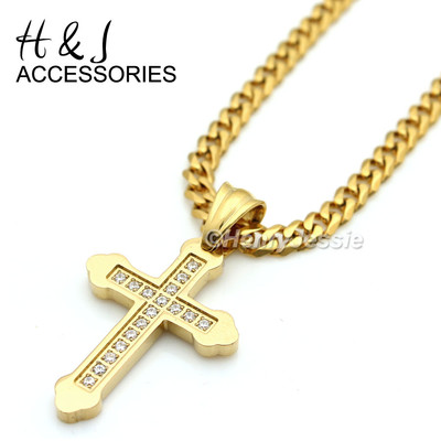 H&J Jewelry 24 Inch Stainless Steel Gold Plated Cuban Curb Link Chain With Cross Pendant