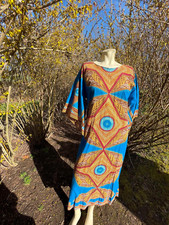 VTG 60 70s WOMEN CAFTAN HIPPY GEOMETRIC CAFTAN MAXI BELL SLEEVE FACEMELTER DRESS