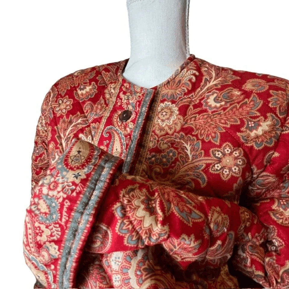 Chaqueta Acolchada Vera Bradley Vintage Roja Aqua Dorado Firma Estampado Botones Pequeña Foto 2 de 4