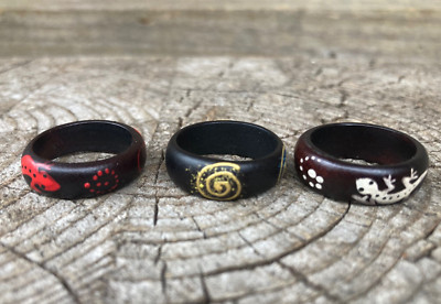3er Set HOLZ Finger Ring Hand Tribal Gecko Echse handbemalt schwarz