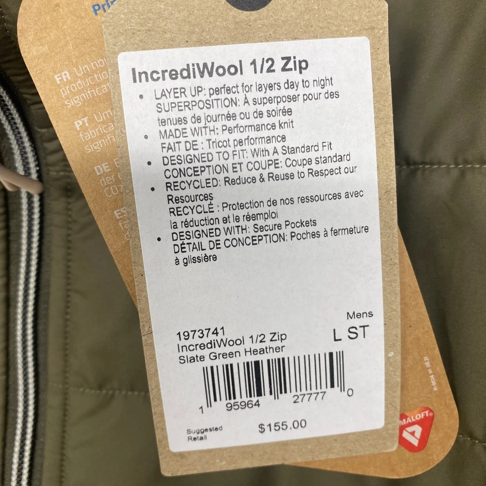 Prana Mens Jacket IncredWool L Slate Green Heather Half Zip Layering Performance - Image 4 of 4