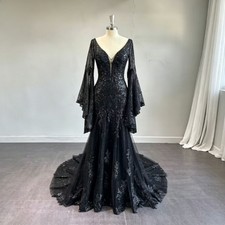 Gothic Black Sequined Mermaid Wedding Dresses V Neck Backless Train Bridal Gowns