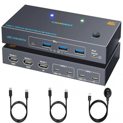 USB C KVM Switch 3 Monitors 2 Laptops 4K 1080P@60Hz,USB-C Docking Station Tri...