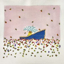Plum Stitchery hand painted needlepoint canvas 13ct Raining Flowers child n boat