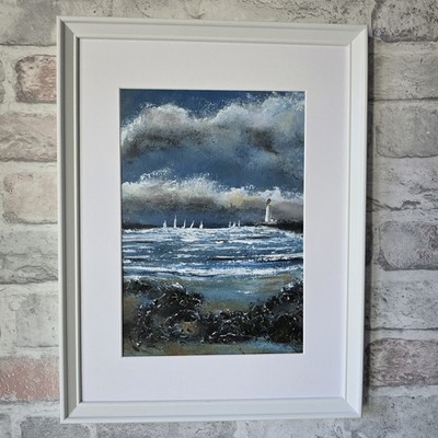 Original Acryl Gemälde Küstenlandschaft Boote Segeln Leuchtturm gerahmt