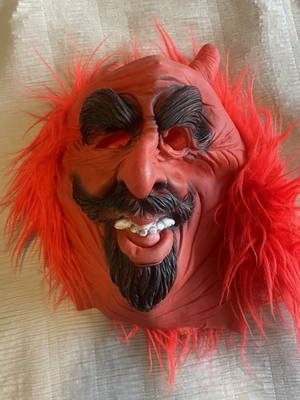 #ad #ad Vtg Red Devil Half Mask Latex Rubber Black Hair Horns Halloween Costume Scary $24.90