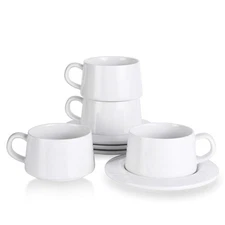 Porcelain Stackable Cappuccino Cups with Saucers - 8 Ounce for Specialty Coff...