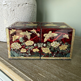 Vintage Korean Mother Of Pearl Inlaid Butterflies And Flowers Dual Jewellery Box
