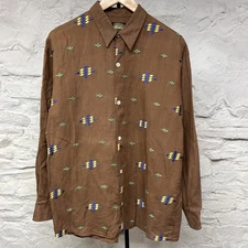 Bellows Brut Le Garage Vintage Linen Shirt Embroidered Pattern Made in France