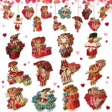 24 Pcs Vintage Valentine Day Wooden Tree Ornaments with Rope Holiday Decoration