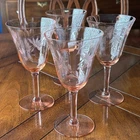 SET of 4 Pink Elegant Depression Etched Optic Wine Goblets/Glasses/Stems, 6.5"d