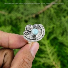Sterling Silver Round Larimar Gemstone Stackable Birthday Flower Promise Ring