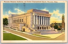 Vintage Worcester Memorial Auditorium & Central Congregational Church Postcard