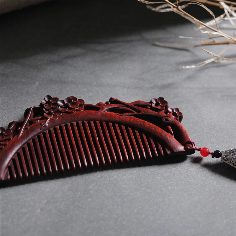 Creative Plum Blossom Carved Red Sandalwood Comb Handwork Wooden Prop Women Gift - Image 2 of 4
