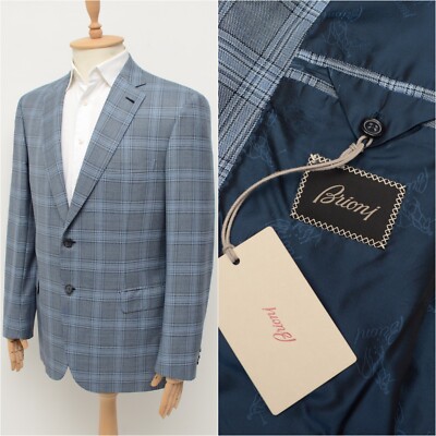 Authentic Mens Brioni Giacca Brunico Wool Blue Plaid Blazer Jacket Size 52,US 42