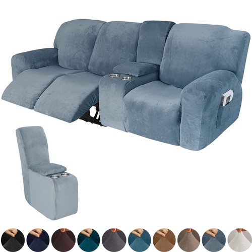 Stretch Velvet 3-Seater Recliner Sofa Covers Middle Console Slipcover 10-Piece - Picture 20 of 21