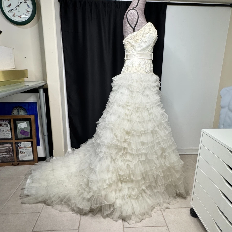 Justin Alexander Wedding Dress Size 2 Ivory A-Line Strapless Tulle Halter Train - Image 4 of 4