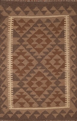 Tribal 3x4 Geometric Reversible Kilim Kelim Brown Rug Wool Hand-Woven Carpet