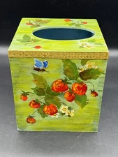 HANDCRAFTED PAINTED WOOD TALL TISSUE BOX HOLDER Strawberries Artist Signed 5”