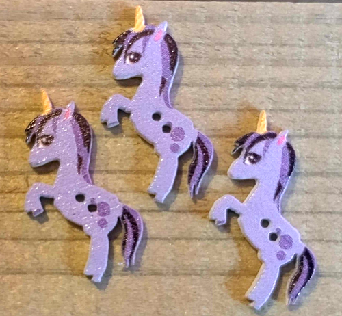 3 Unicorn Buttons Purple Sewing Crafting Wood 1 1/8"
