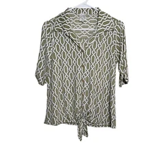 Naif Blouse Women's Small Green Geometric Button Up Tie Short Sleeve Career Top