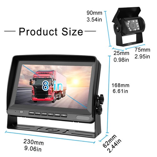 12V-24V Car Digital Display 8" Video Monitor w/ Rear View Backup Camera AHD Kit - Picture 2 of 12