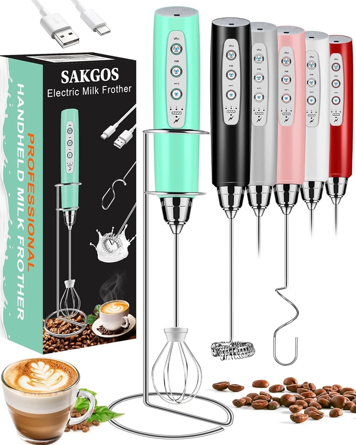 Sakgos Rechargeable Milk Frother Handheld - Electric Whisk 3 Speed Baby Blue...