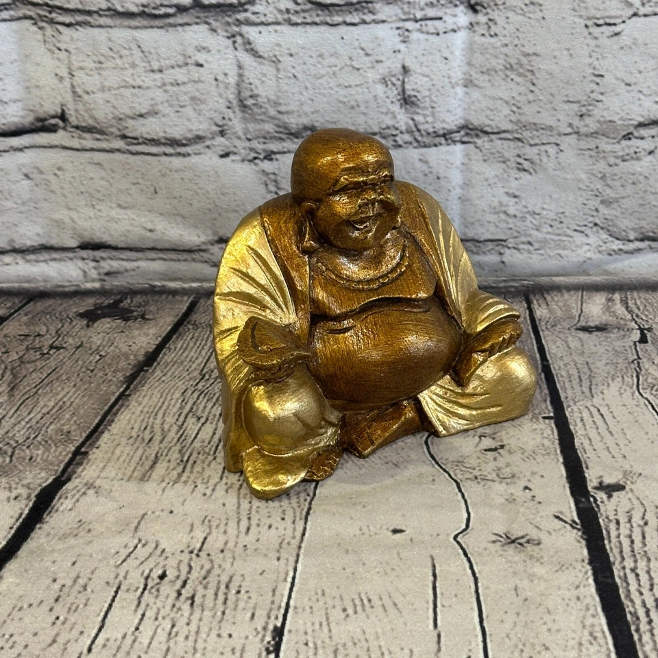 Oro y Bronce 12cm x 12cm Grande Buda Chino Sentado Sobre Loto Estatua Resina Foto 3 de 4