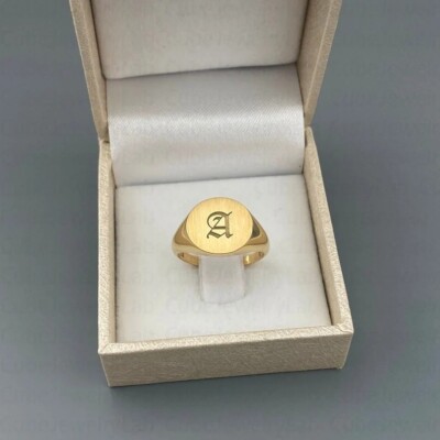 Gold Initial Signet Mens Ring Solid Sterling Silver personalized Initial Ring