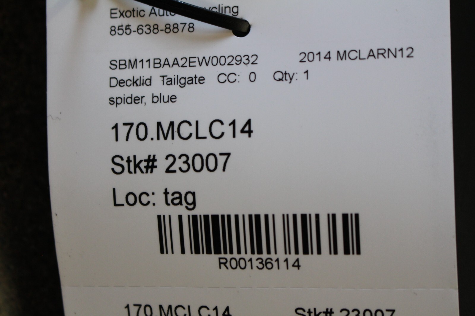McLaren MP4-12C, Decklid, w/Glass, Blue, Used