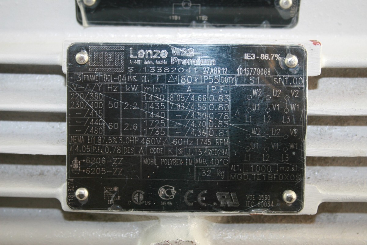 Weg Lenze W22 Premium Motor Model 13382041 - 3HP, 460V, 60Hz, 1745