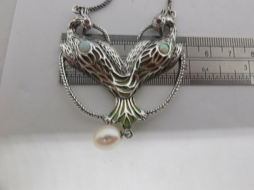 Nouveau insp Sterling silver Peacock Enamel Pendant Plique a Jour Opalite ruby - Picture 7 of 7