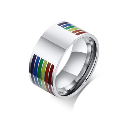 10mm Silver Black Band Stainless Steel Rainbow Enamel 2mm Thickness Ring  Jewelry