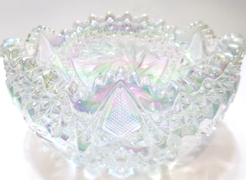 Vintage LE Smith Glass Bowl Aztec Crystal Lustre White Carnival 7 1/2" D - Picture 2 of 6