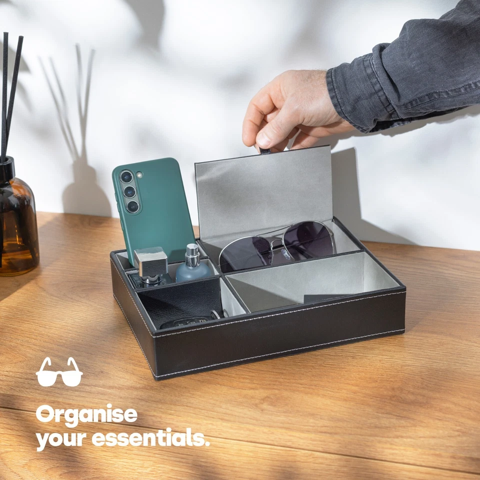 5 Compartment Storage Box Leather Valet Textured Tray Organiser Wallet Jewellery - Image 2 of 4