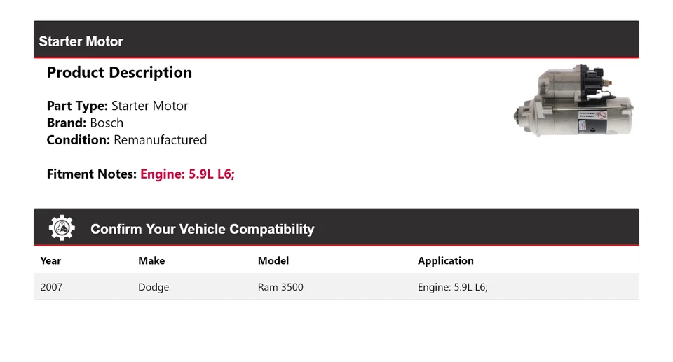 Para Dodge Ram 3500 2007 5,9 L L6 arranque Bosch (remanufacturado) Foto 2 de 4