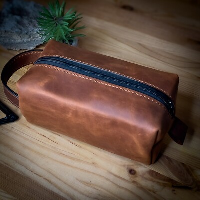 Leather cosmetic bag. Handmade brown leather bag. Makeup Bag