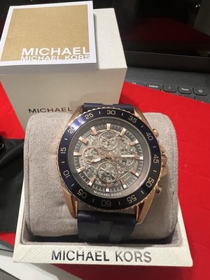 【美品】MICHAEL KORS クロノグラフ メンズ腕時計 自動巻き 箱付 Michael Kors Men's Chronograph Skeleton Dial Blue Rubber Watch w