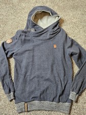 Naketano Women's Blue Heather Hoodie Button Collar Pockets Leather Accent Medium